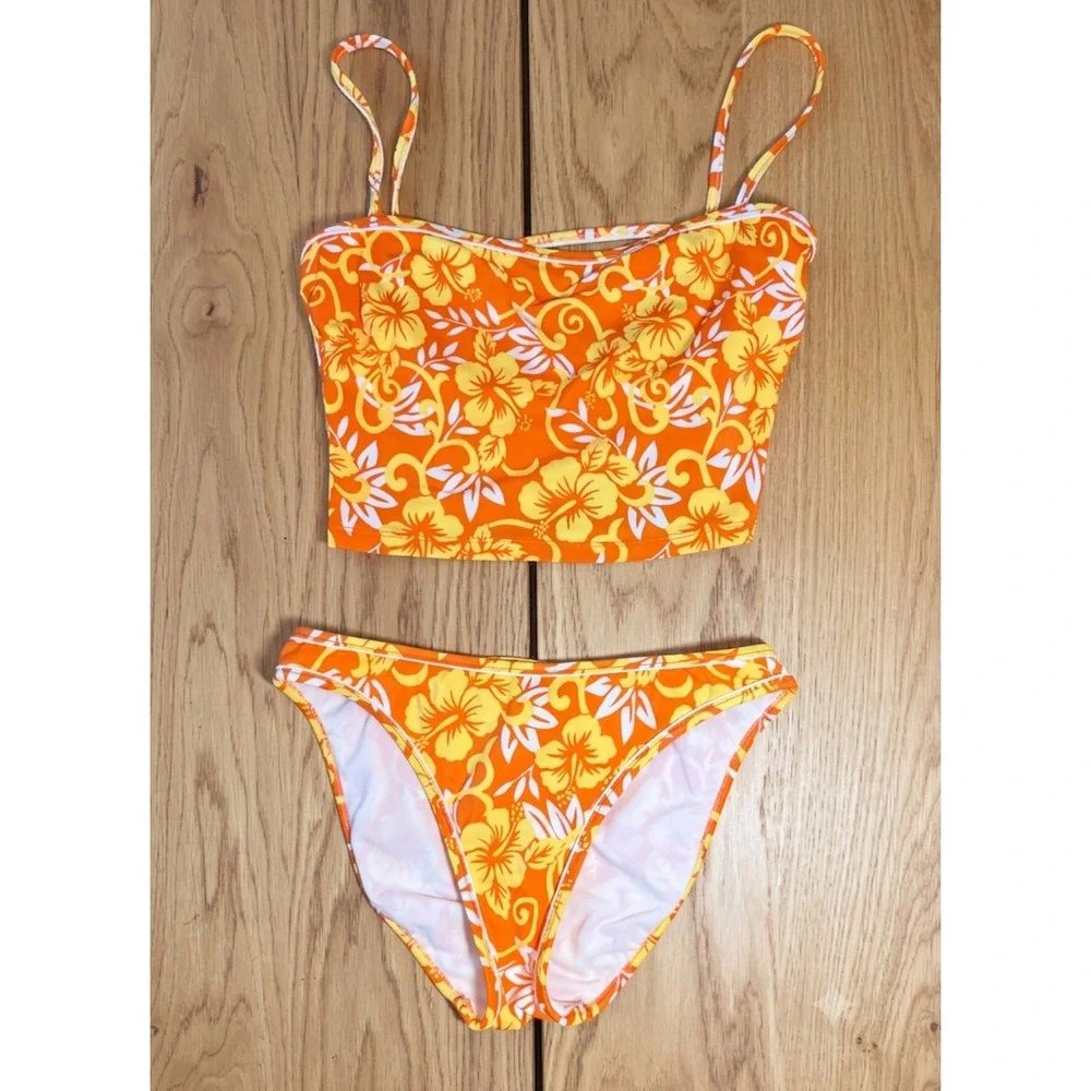 Esprit Vintage 90s Beach Two Piece Bikini Women Large Orange Floral Retro Surf